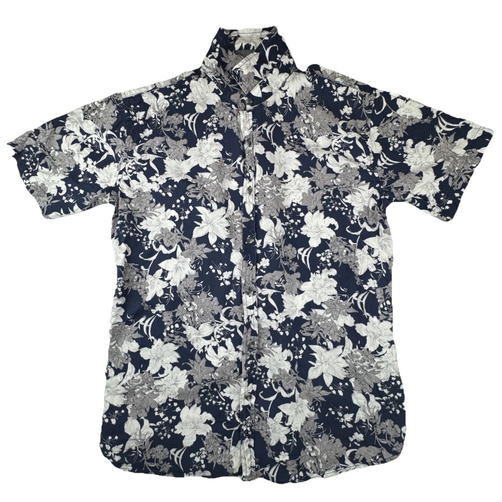 Verdo Shirt Mens Medium Blue White Floral‎ Linen Cotton Short Sleeve Button Up